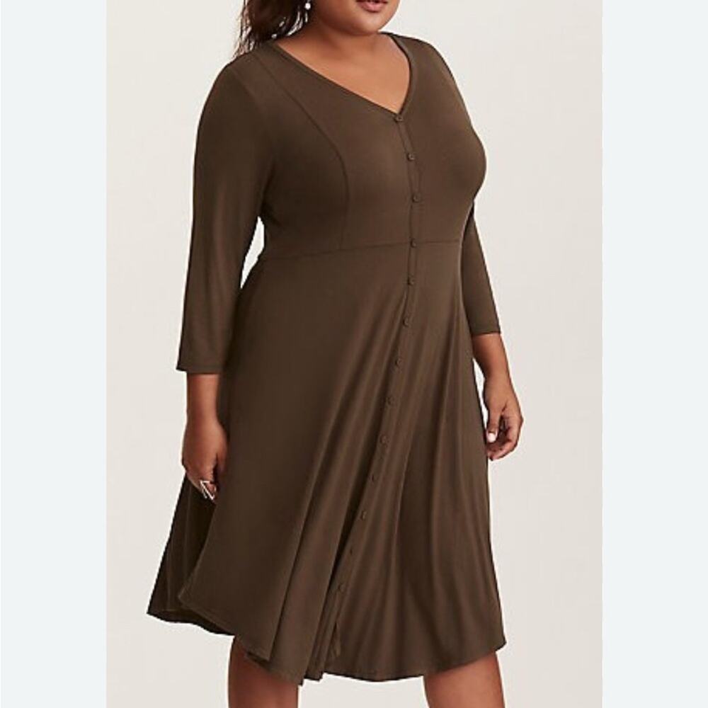 Torrid Olive A-Line Dress V-Neck 3/4 Sleeve